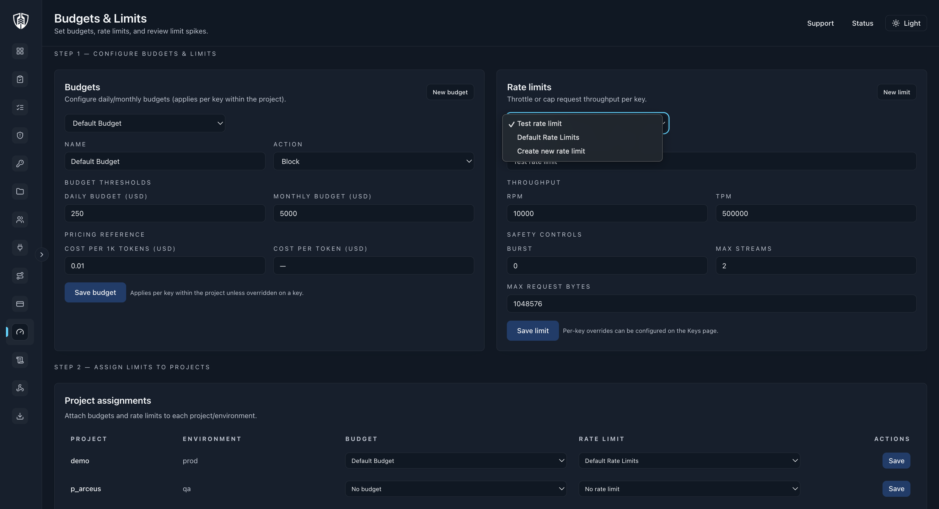 Sentinel Primo budget configuration view